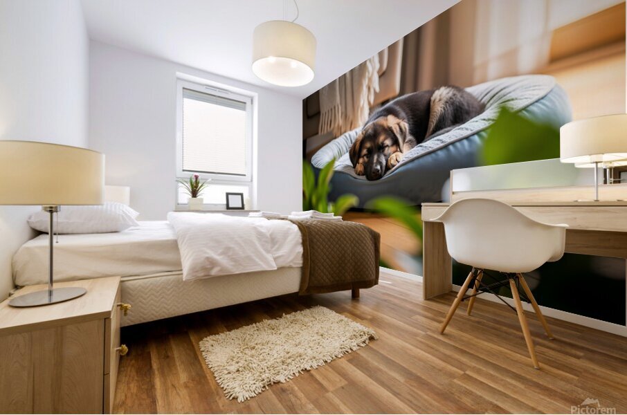 German Shepherd Puppy Getting Sleepy In Cozy Bed Mural print