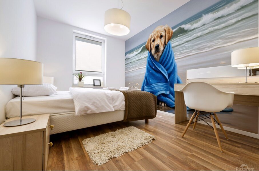 Shivering Labrador Puppy Wrapped In Beach Towel Mural print