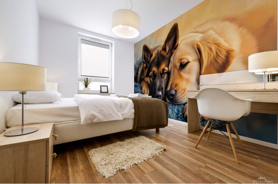 German Shepherd Puppy Snuggles With Golden Friend Mural print