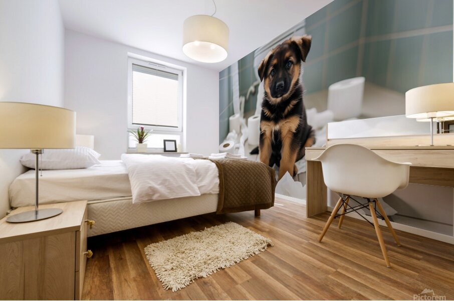 German Shepherd Puppy Discovers Bathroom Treasure Mural print