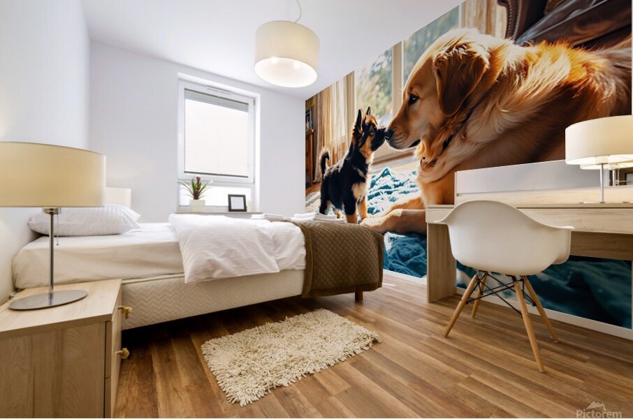 German Shepherd Puppy Meets Big Golden Friend Mural print