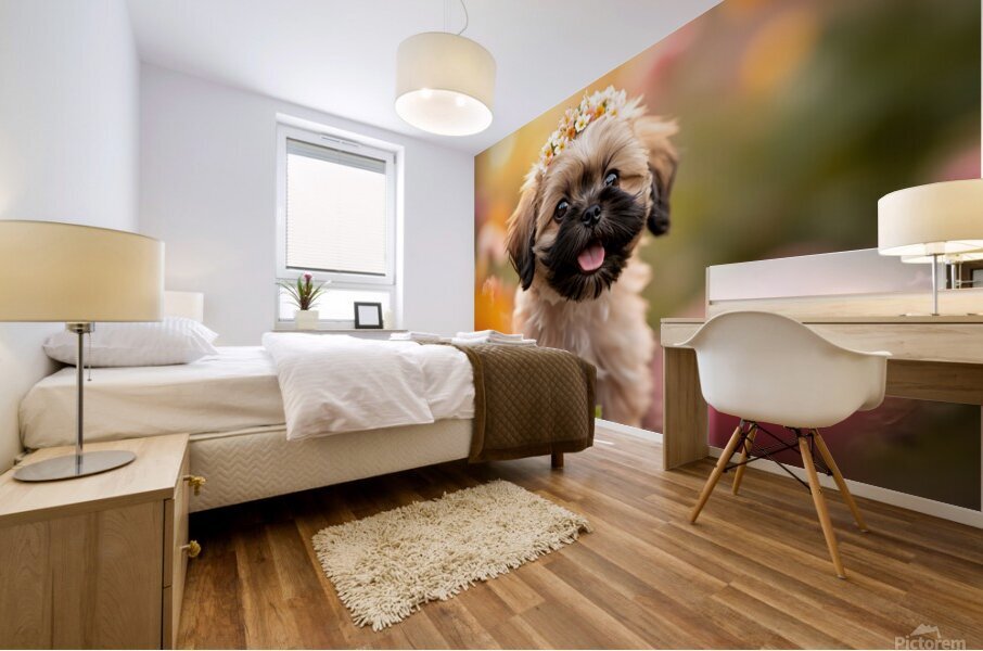 Shih Tzu Puppy Discovers Beautiful Flower Crown Mural print