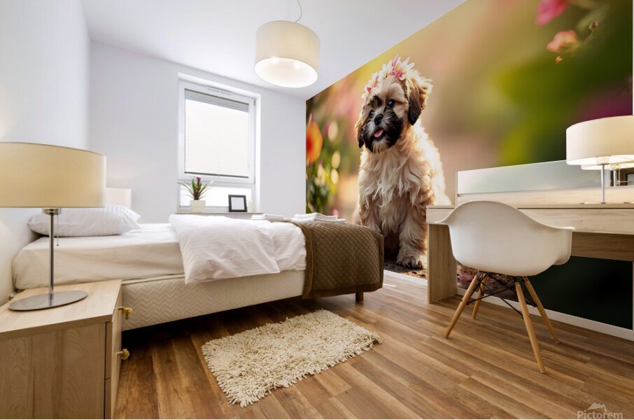 Shih Tzu Puppy Sits Proudly Wearing Flower Crown Mural print