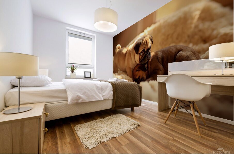 Pug Puppy Gently Wakes Sleeping Friend Mural print