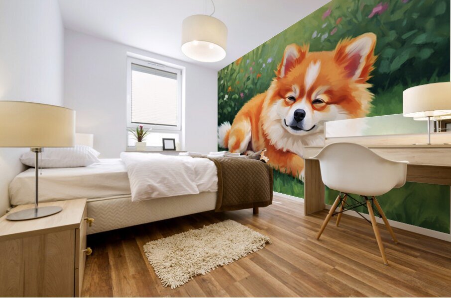 Satisfied Pomeranian Puppy After Playtime Mural print
