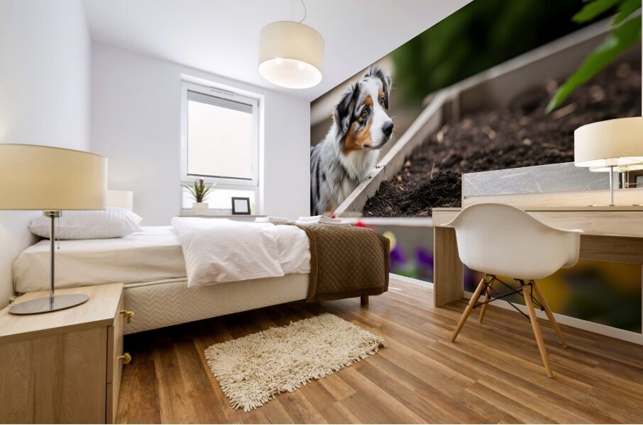 Australian Shepherd Puppy Discovers The Garden Bed Mural print