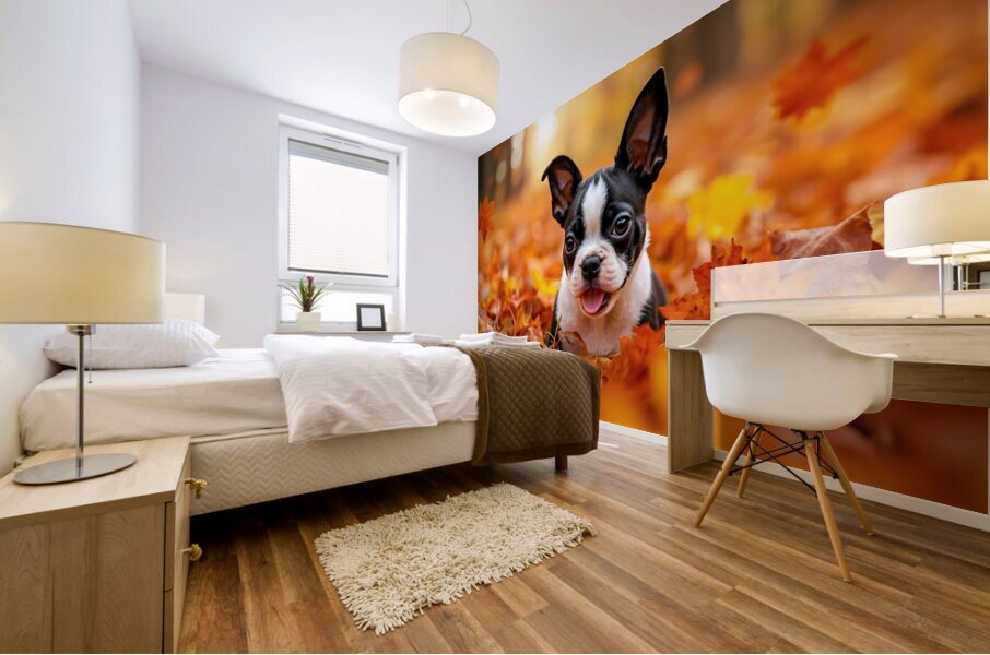 Boston Terrier Puppy Discovers Autumn Leaf Pile Mural print
