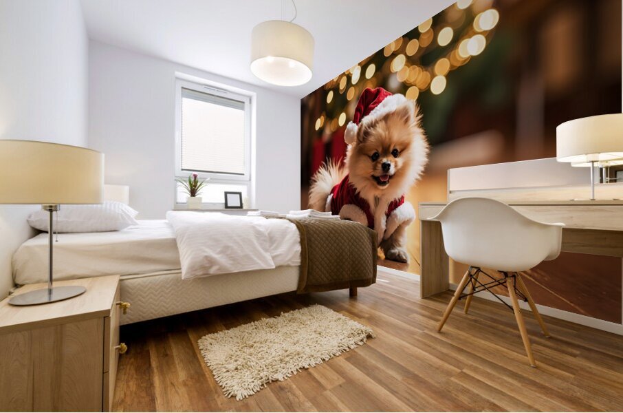 Pomeranian Puppy In Festive Christmas Outfit Mural print