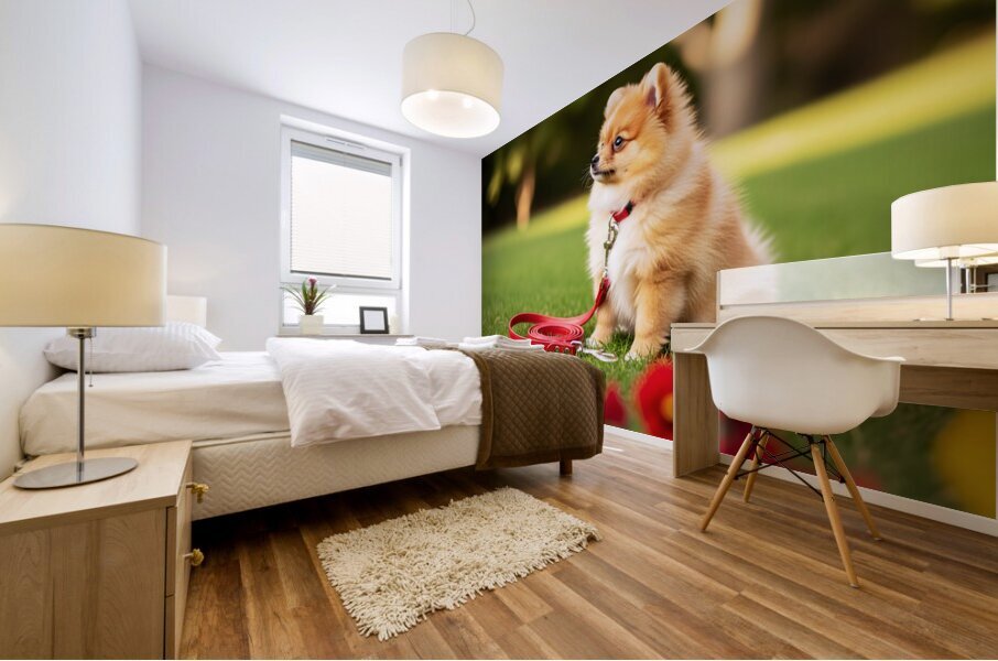 Pomeranian Puppy Discovers New Red Leash Mural print