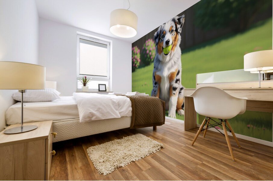 Australian Shepherd Puppy Successfully Retrieves Ball Mural print