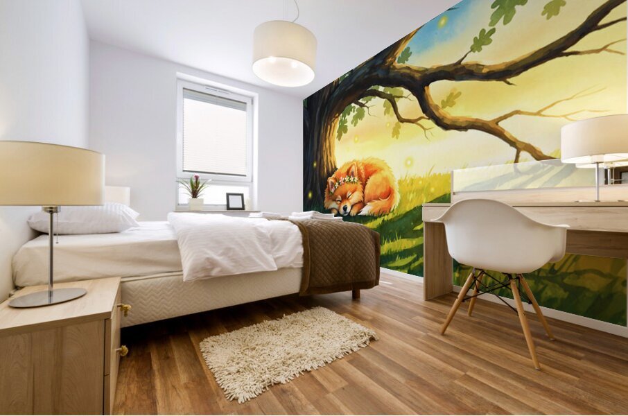 Pomeranian Puppy Sleeps Under Oak Tree At Sunset Mural print