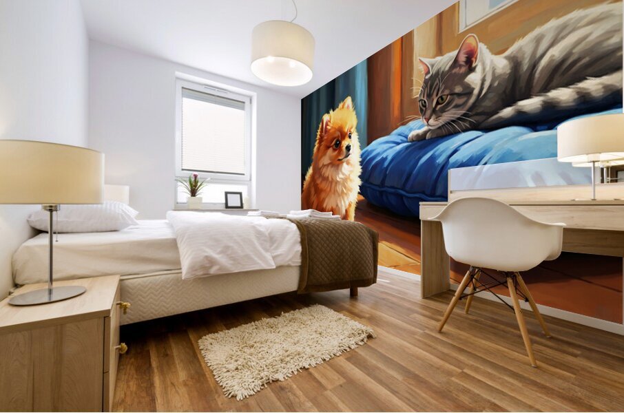 Pomeranian Puppy Discovers New Friend Mural print