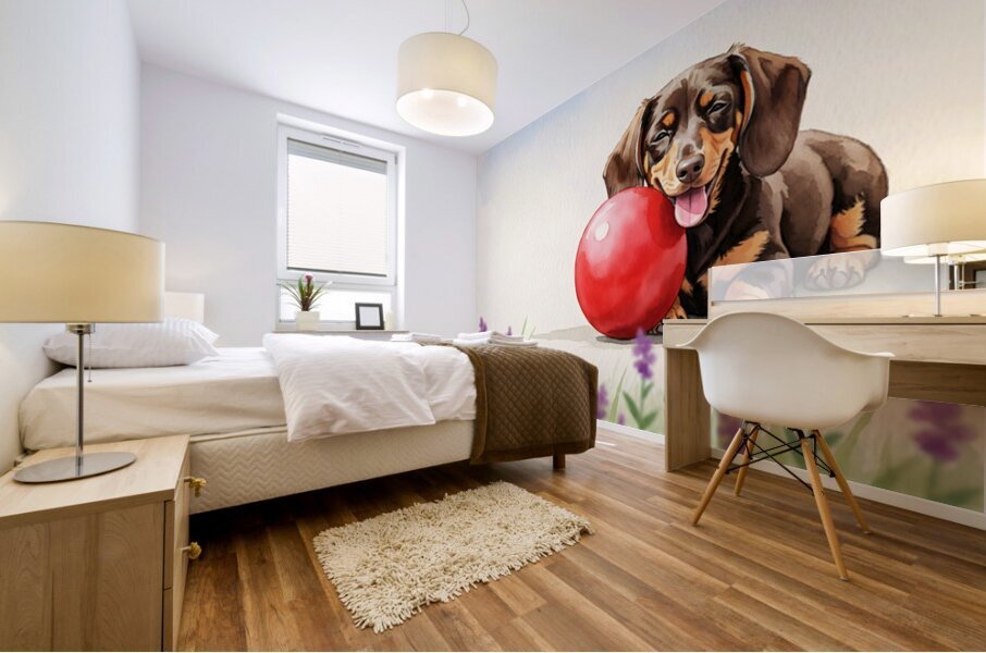Exhausted Dachshund Puppy Rests Beside The Giant Ball Mural print