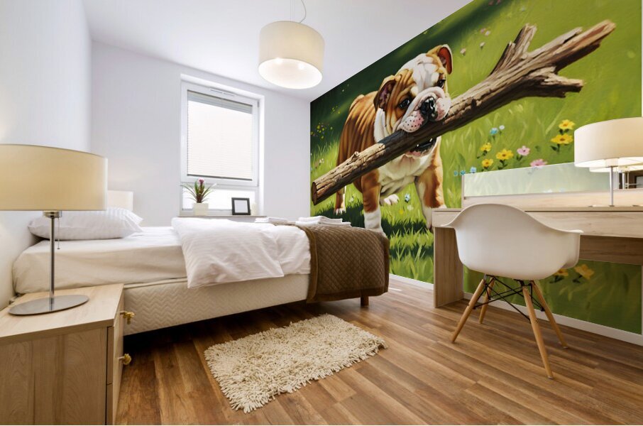 Bulldog Puppy Finds Big Wooden Stick Mural print