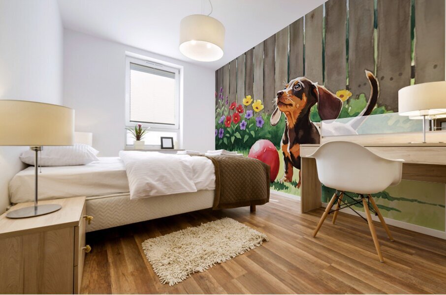 Dachshund Puppy Discovers Giant Red Ball Mural print