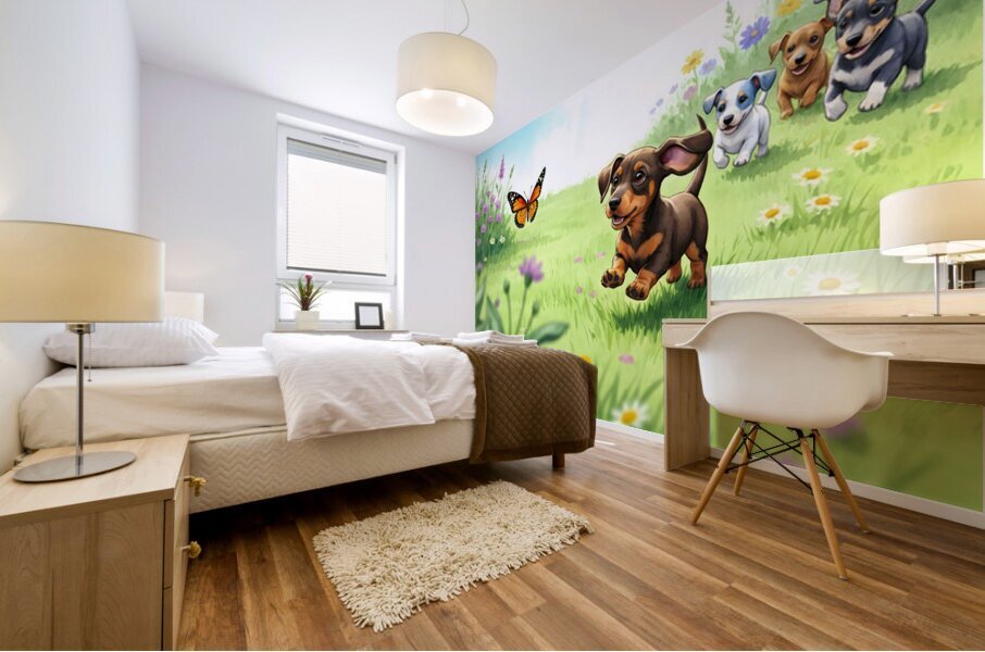 Dachshund Puppy Spots Beautiful Butterfly In Garden Mural print