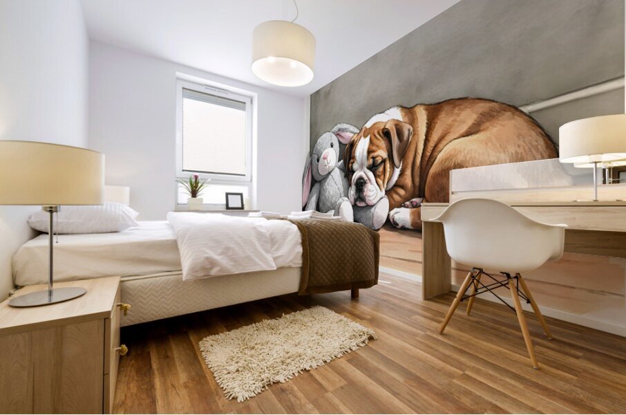 Bulldog Puppy Naps With His Beloved Rabbit Friend Mural print