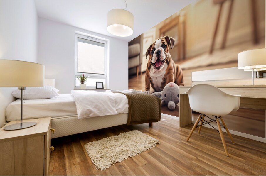Bulldog Puppy Discovers New Plush Rabbit Friend Mural print