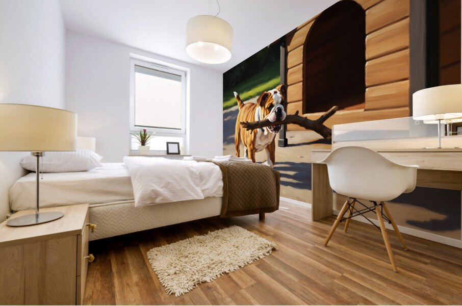 Happy Bulldog Puppy Successfully Brings Stick To Dog House Mural print