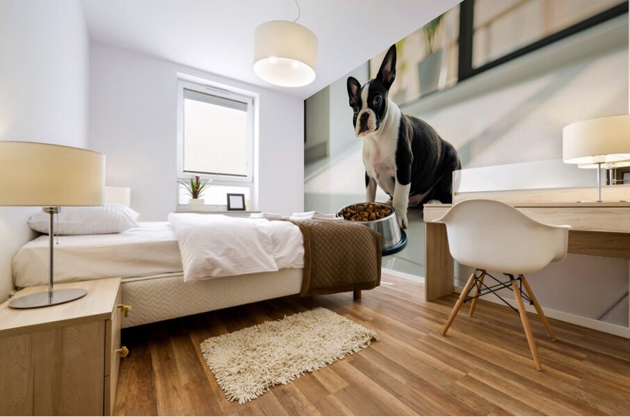 Boston Terrier Puppy Discovers Dinner Time Mural print