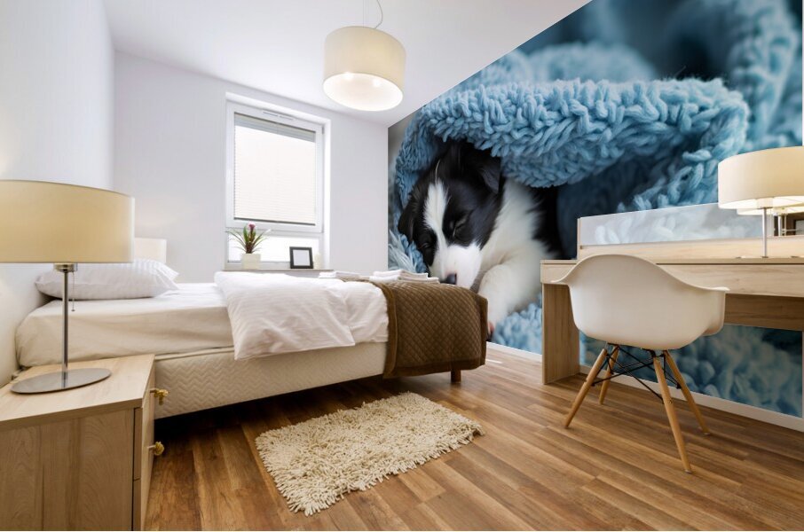 Border Collie Puppy Dreams Under Soft Blanket Mural print