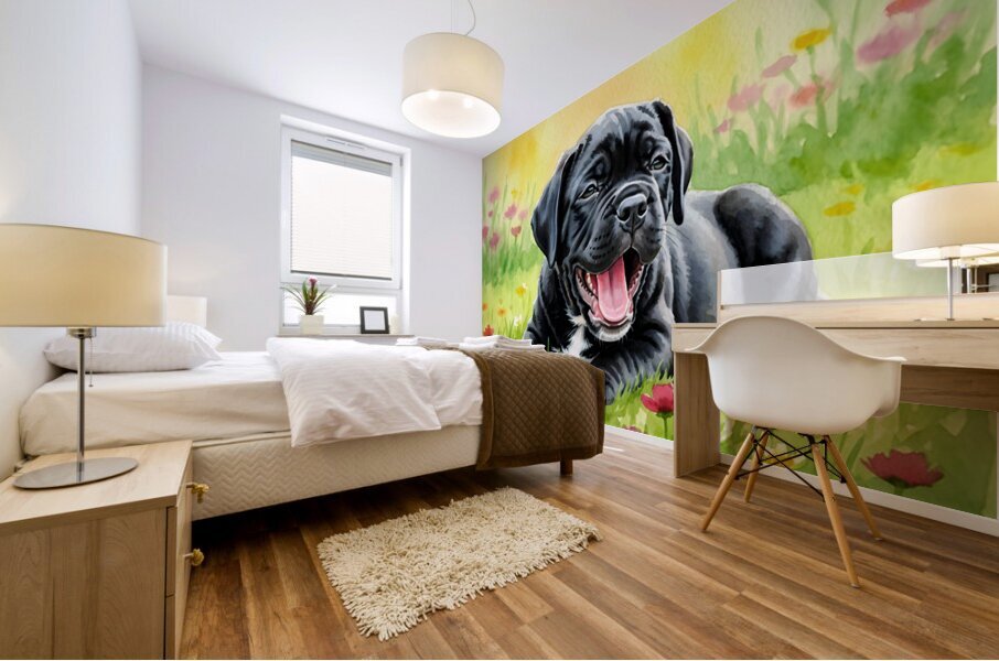 Sleepy Cane Corso Puppy Yawns In Garden Mural print