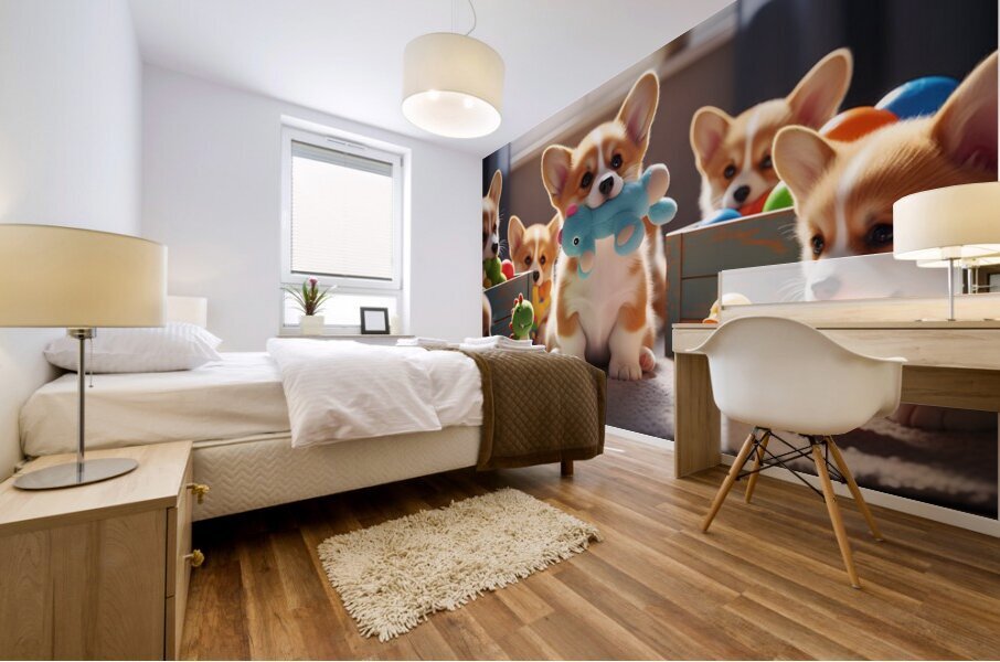 Happy Corgi Puppy Enjoys New Plush Toy Friend Mural print