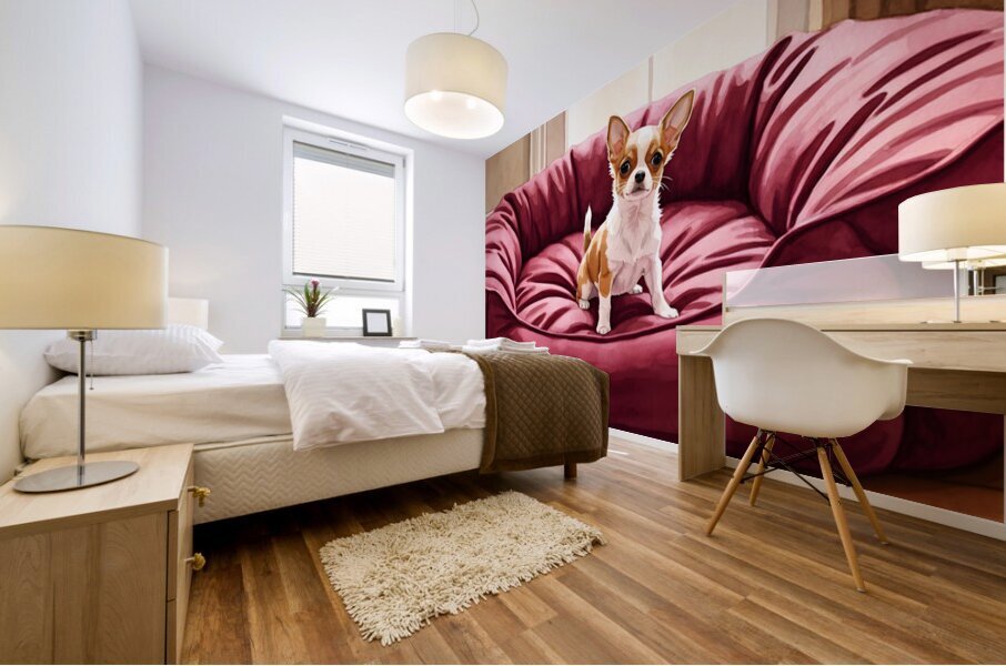 Tiny Chihuahua Puppy Discovers Giant Dog Bed Mural print