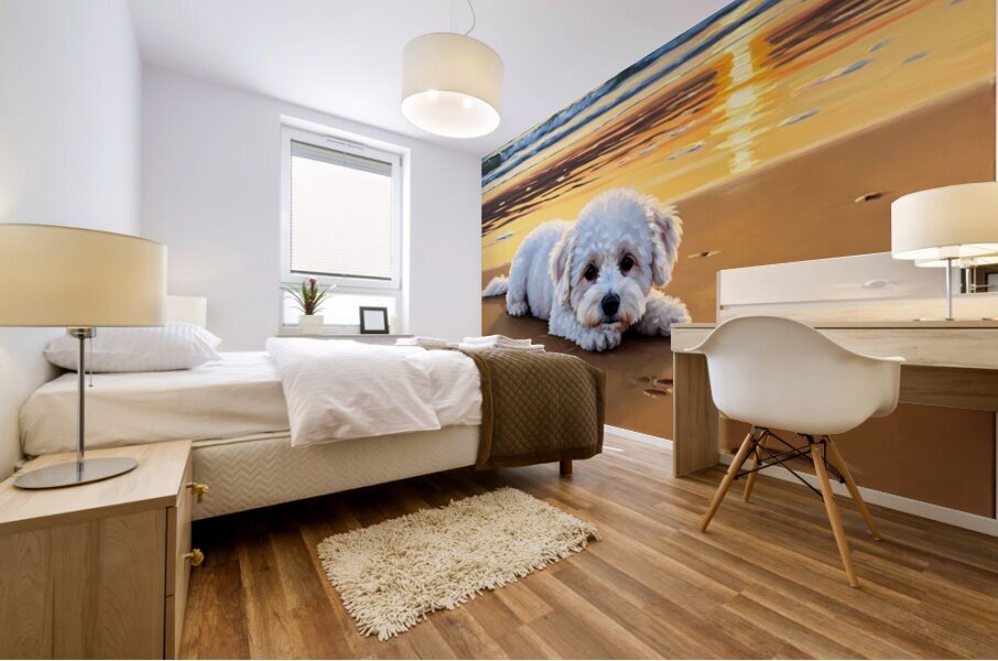 Content Bichon Frise Puppy Rests On Beach Mural print