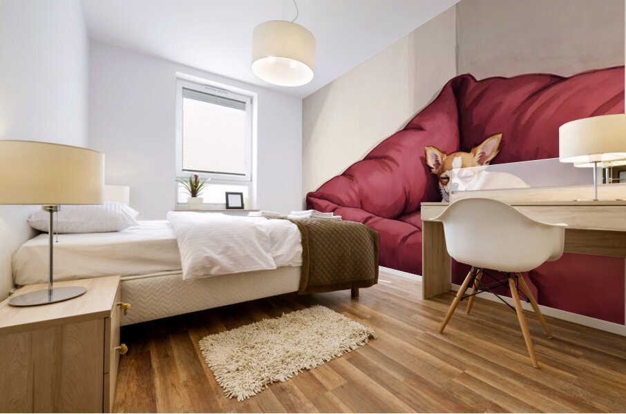 Sleepy Chihuahua Puppy Naps In Corner Of Giant Bed Mural print