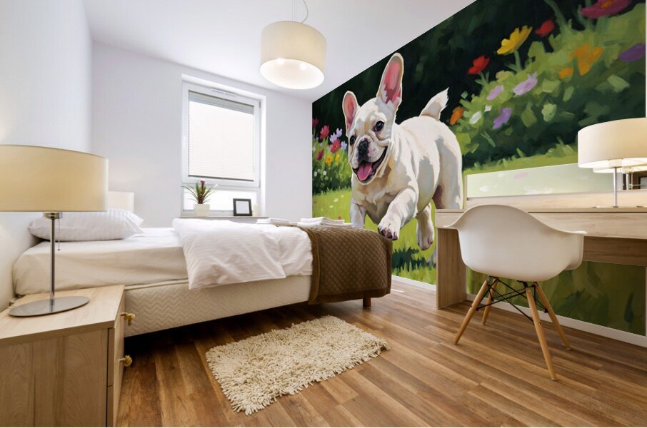 French Bulldog Puppy Running In Sunny Yard Mural print