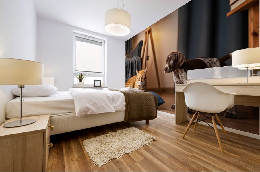 German Shorthaired Pointer Puppy Meets Sleepy Cat Mural print