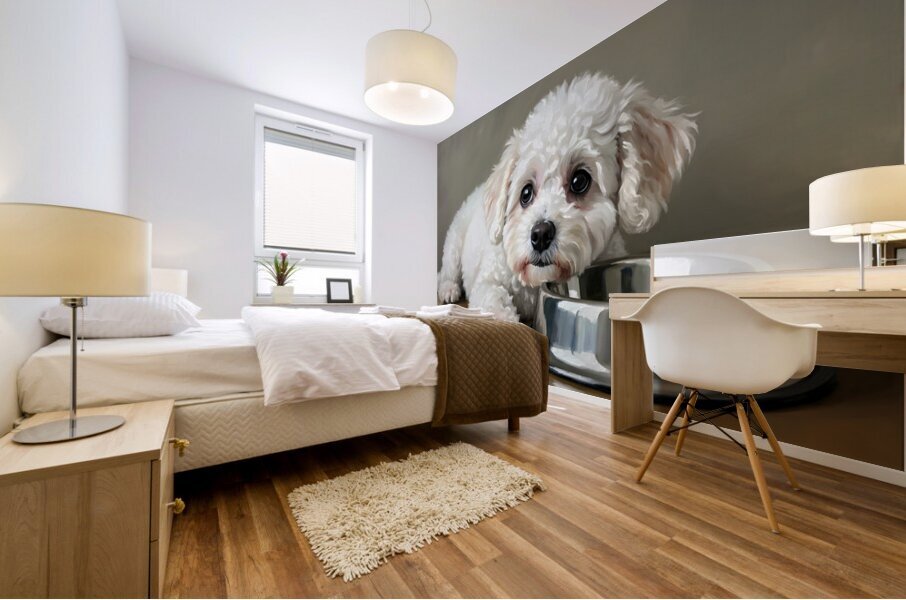 Patient Bichon Frise Puppy Waits By Food Bowl Mural print