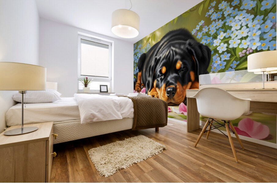 Sleepy Rottweiler Puppy Rests In Flower Bed Mural print