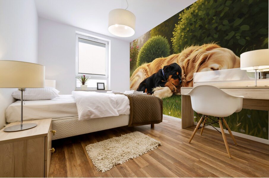Sleepy Puppy Rests Safely Between Big Dogs Protective Paws Mural print