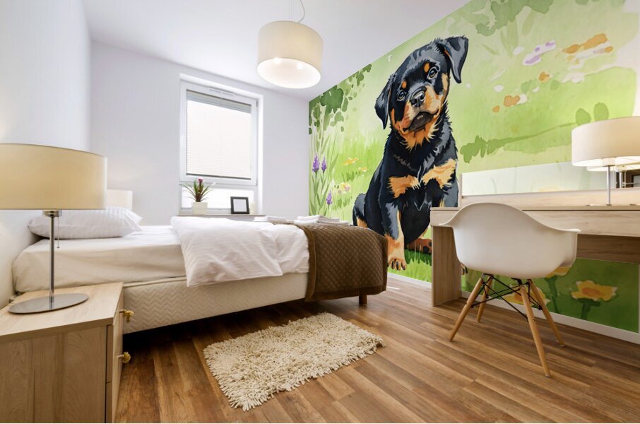 Hopeful Rottweiler Puppy Waits In Garden Mural print