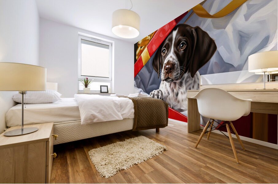 German Shorthaired Pointer Puppy Discovers Big Red Gift Box Mural print