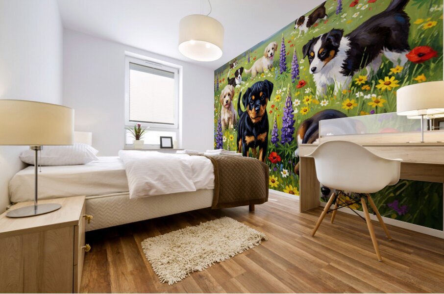Rottweiler Puppy Discovers Wildflower Field Mural print