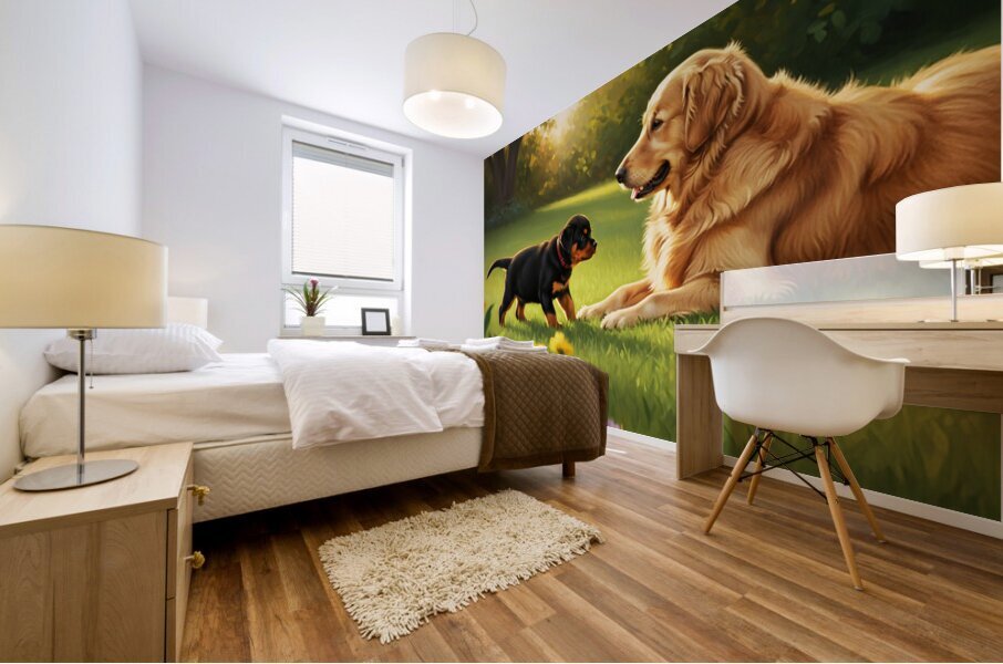 Rottweiler Puppy Meets Big Golden Friend In Garden Mural print