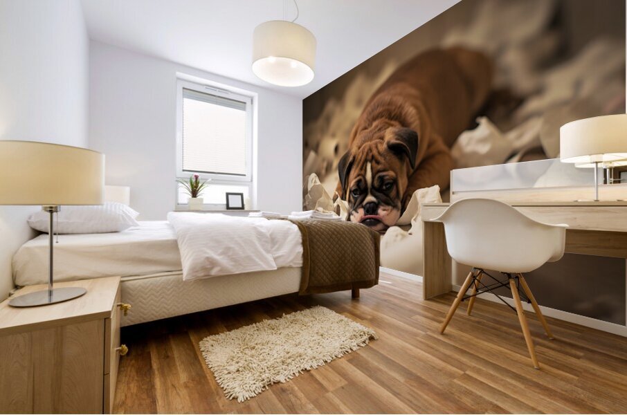 Exhausted Bulldog Puppy After Paper Battle Mural print