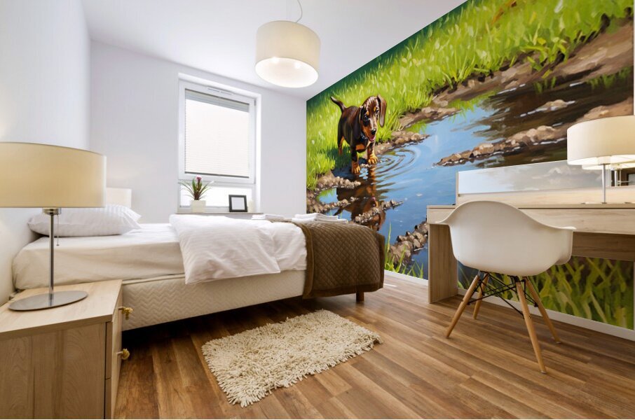 Dachshund Puppy Discovers Muddy Puddle Mural print