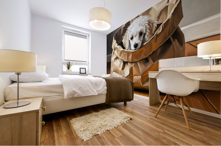 Poodle Puppy Discovers A Paper Bag Adventure Mural print