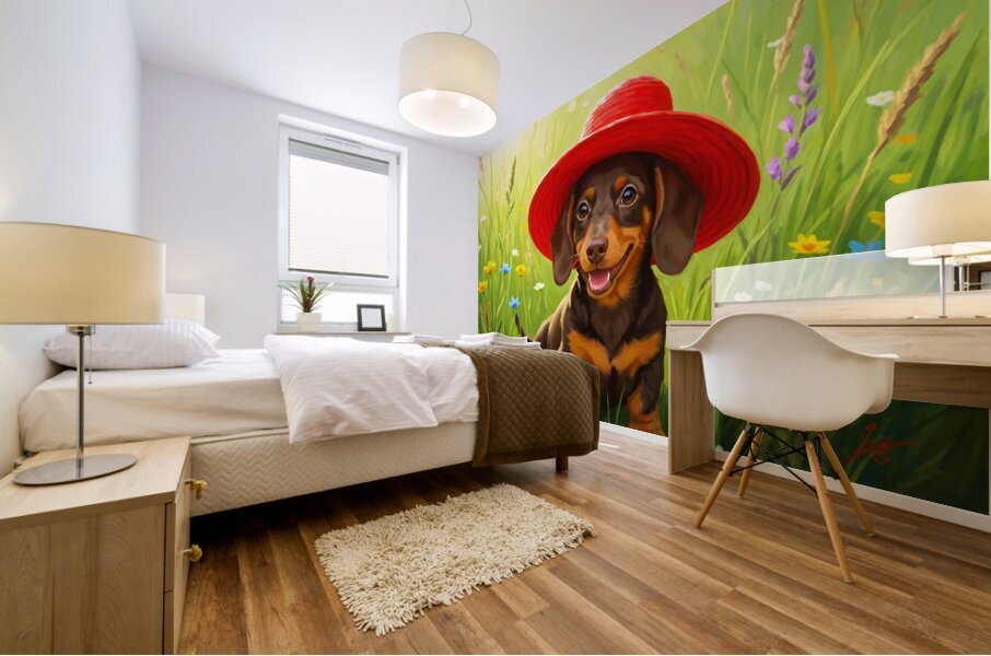 Dachshund Puppy Discovers A Giant Red Hat Mural print
