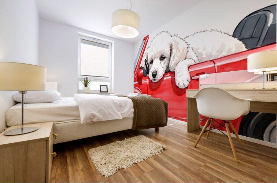 Sleepy Poodle Puppy Rests After Exciting Car Adventure Mural print