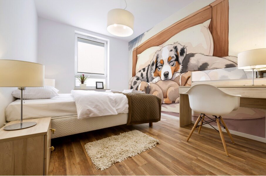 Sleepy Australian Shepherd Puppy Rests After Storm Mural print