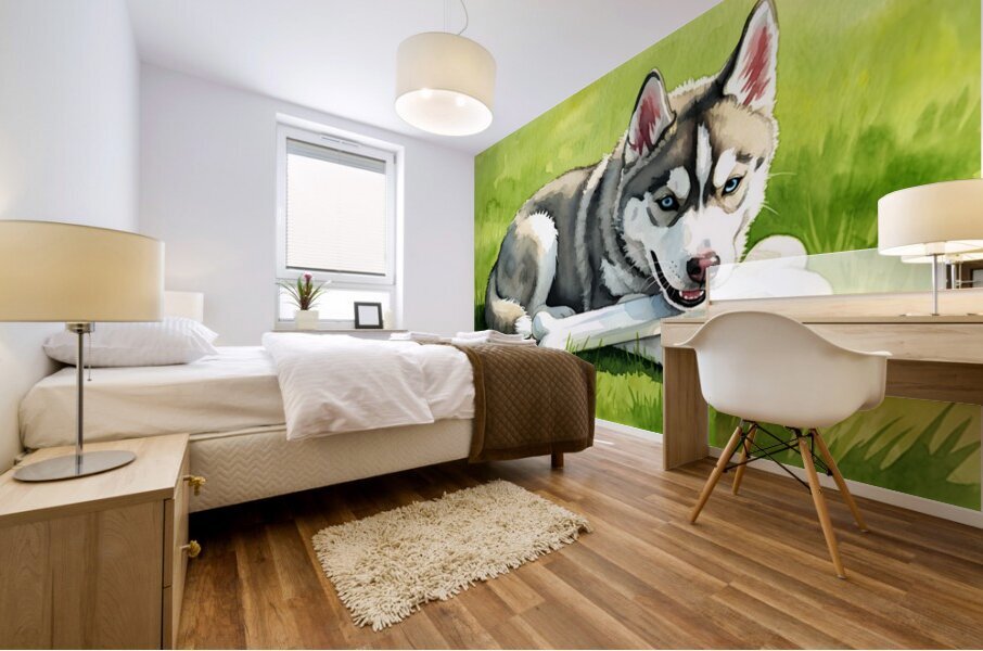 Content Husky Puppy Enjoys Victory With Bone Mural print