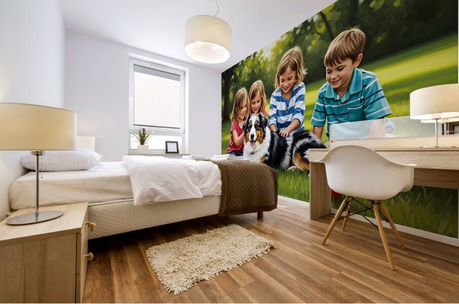 Tired Australian Shepherd Puppy Rests With Children Mural print