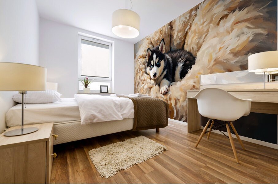 Little Husky Puppy Discovers Giant Cozy Dog Bed Mural print