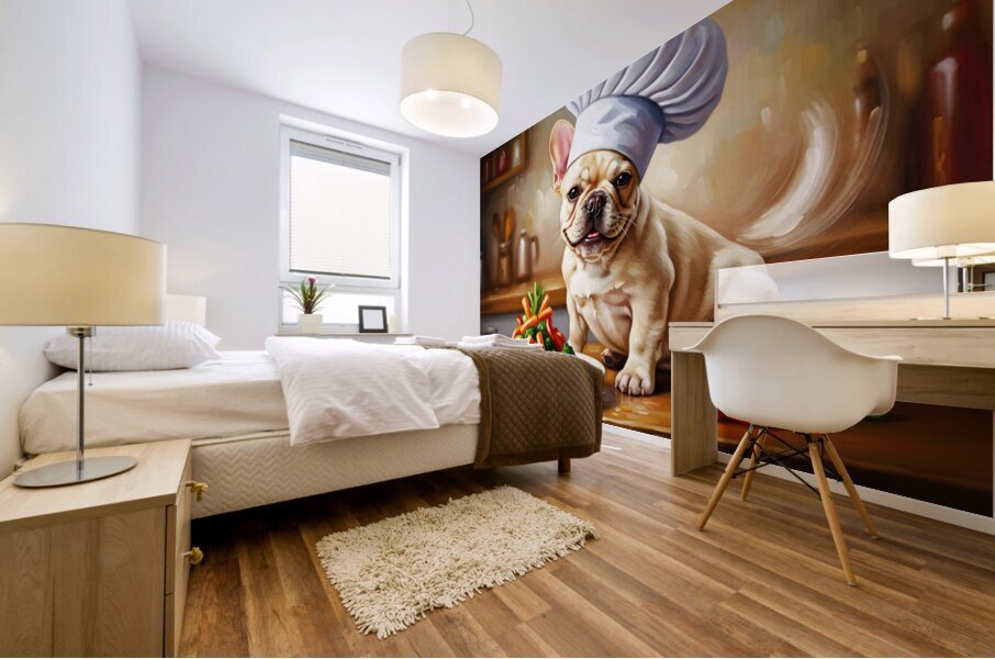 Proud French Bulldog Puppy Chef Shows Off Cooking Creation Mural print