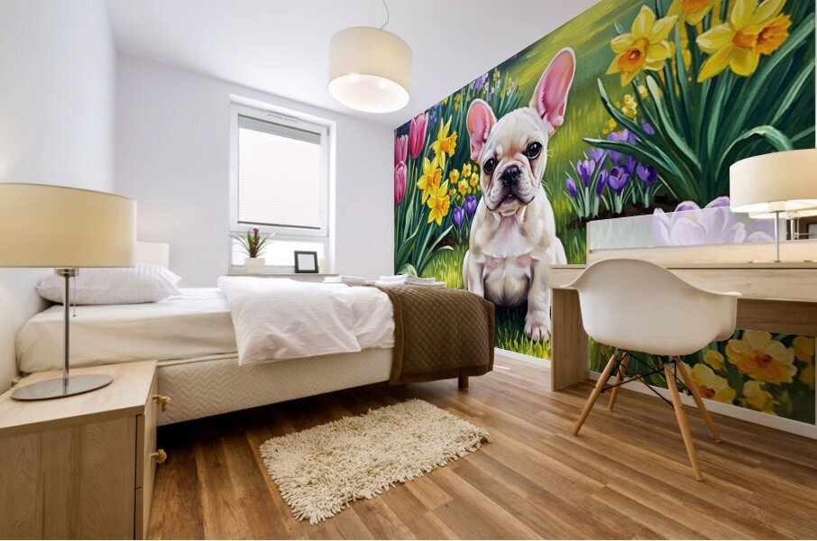 French Bulldog Puppy Discovers Spring Garden Mural print